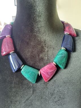 Vintage Late 90 S,Bold Multicolor Acrilic Statement Necklace - Pink, Green Blue